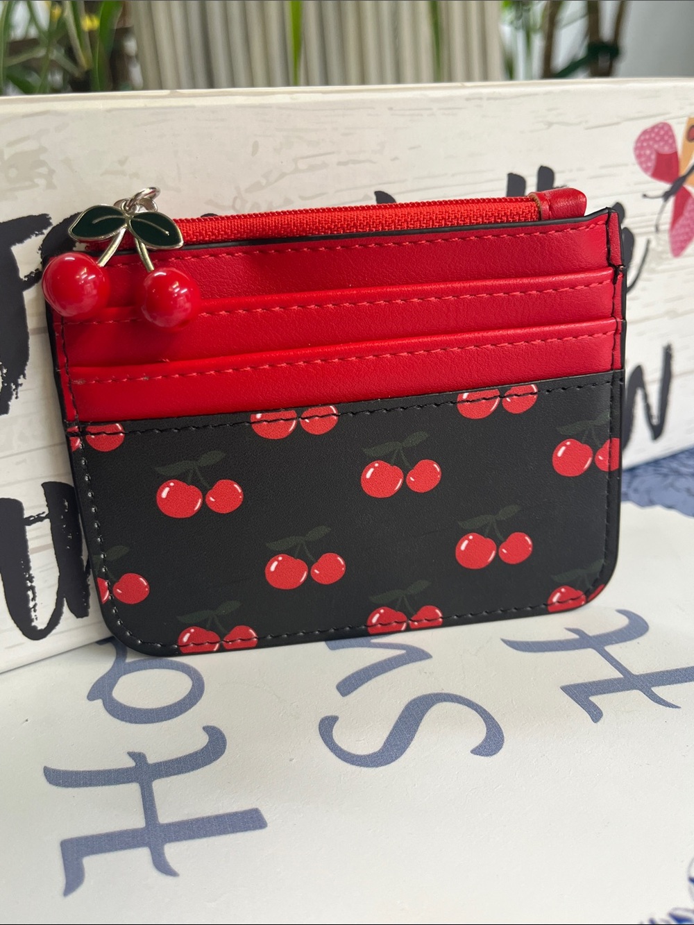 Cherry Print Red and Black Card Holder Wallet